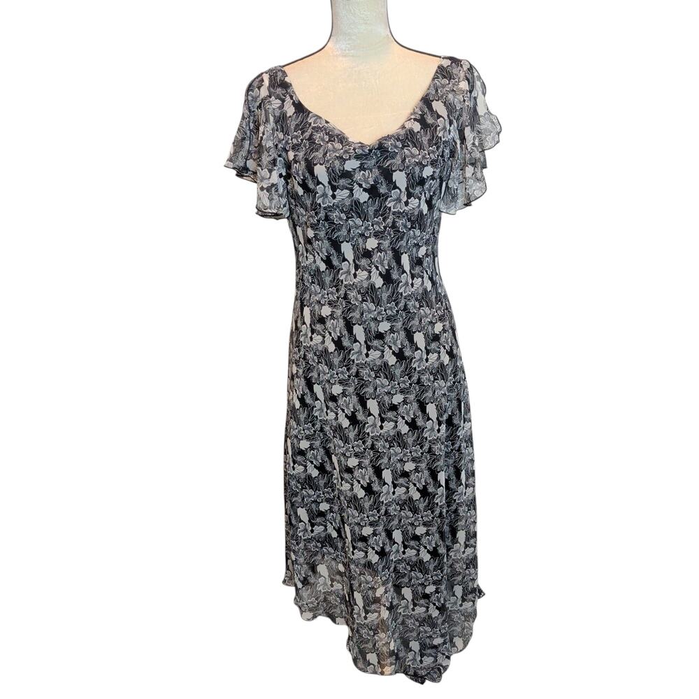 Vtg 90s Y2K Sz 13/14 Bias Cut Fairy Whimsygoth Chiffon Dress Black Floral